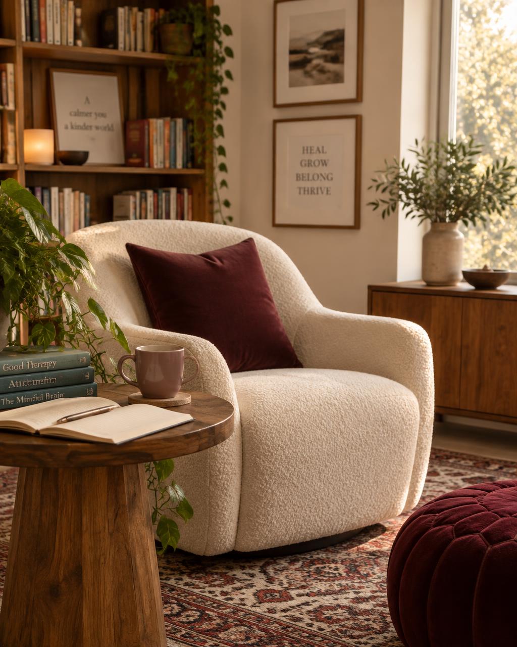 Ambiente acolhedor com poltrona clara, almofada vinho, livros e plantas sob luz natural